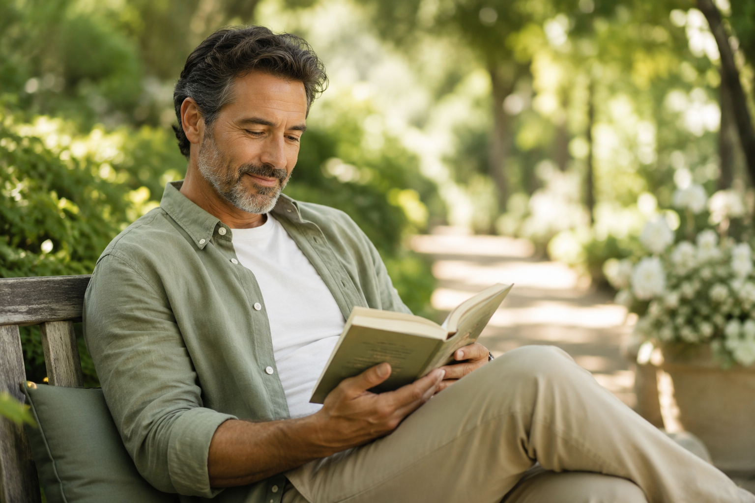 Un homme d'âge moyen, serein, assis confortablement dans un parc, feuilletant un livre, entouré de verdure lumineuse.