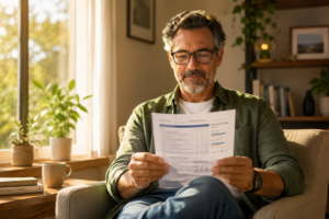 Une personne adulte, assise dans un environnement lumineux et rassurant, regardant calmement un document avec des résultats médicaux, l'air confiant et curieux.