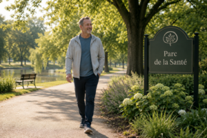 Un patient souriant se promenant dans un parc par une journée ensoleillée, se sentant progressivement mieux après une chirurgie.