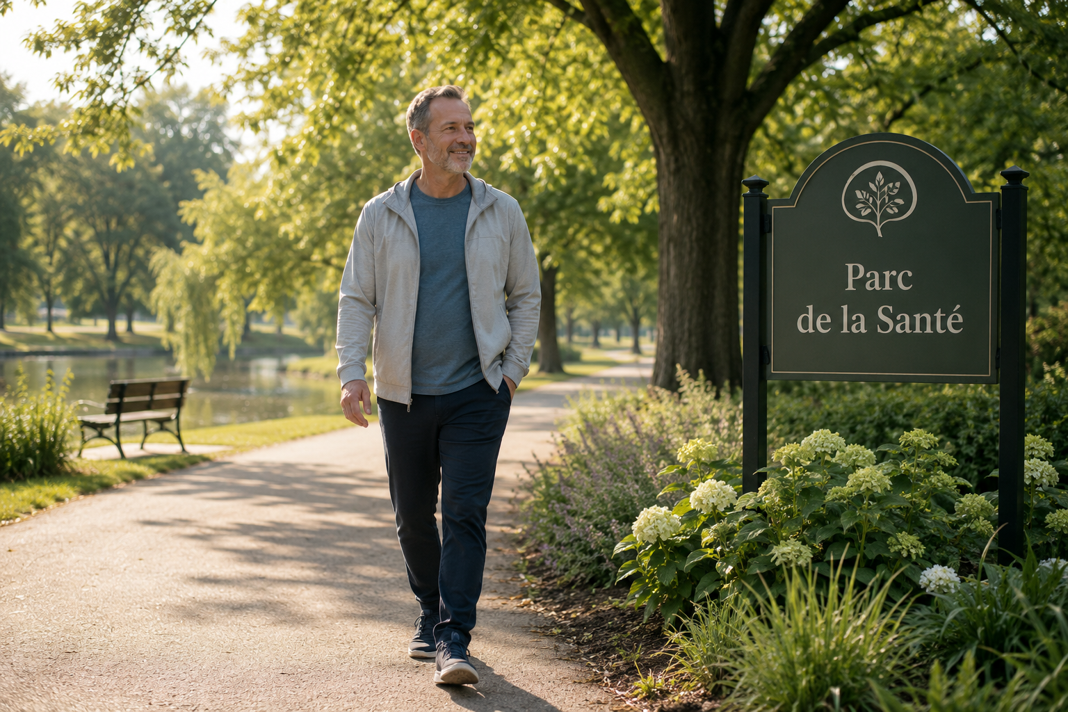 Un patient souriant se promenant dans un parc par une journée ensoleillée, se sentant progressivement mieux après une chirurgie.