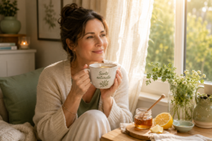 Une femme sirotant une tisane maison au miel et citron, assise près d'une fenêtre ensoleillée.