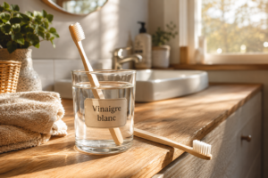 Image de deux brosses à dents, l'une plongée dans un verre de vinaigre blanc, l'autre avec un fond flou montrant une salle de bain propre et lumineuse.