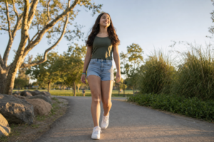 Une adolescente, l'air déterminé, marche dans un parc au lever du soleil. Son genou est légèrement bandé, mais elle est confiante et souriante.