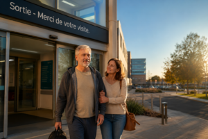 Une personne souriante qui sort de l'hôpital, accompagnée par un proche, sous un ciel clair.