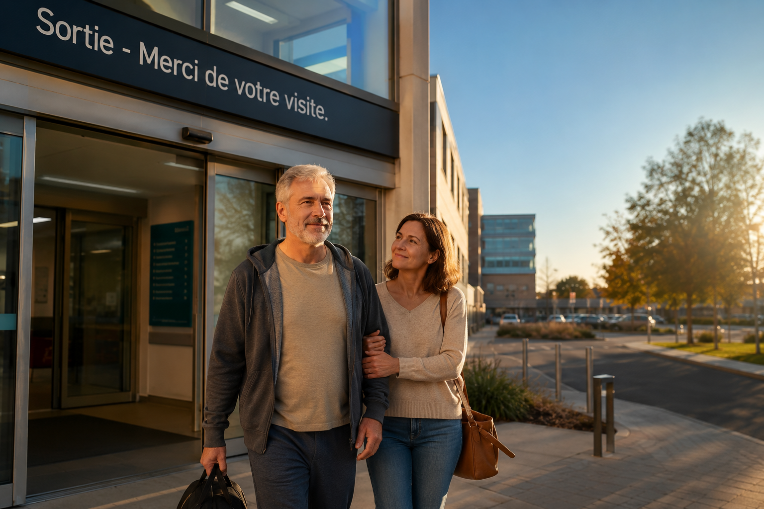 Une personne souriante qui sort de l'hôpital, accompagnée par un proche, sous un ciel clair.
