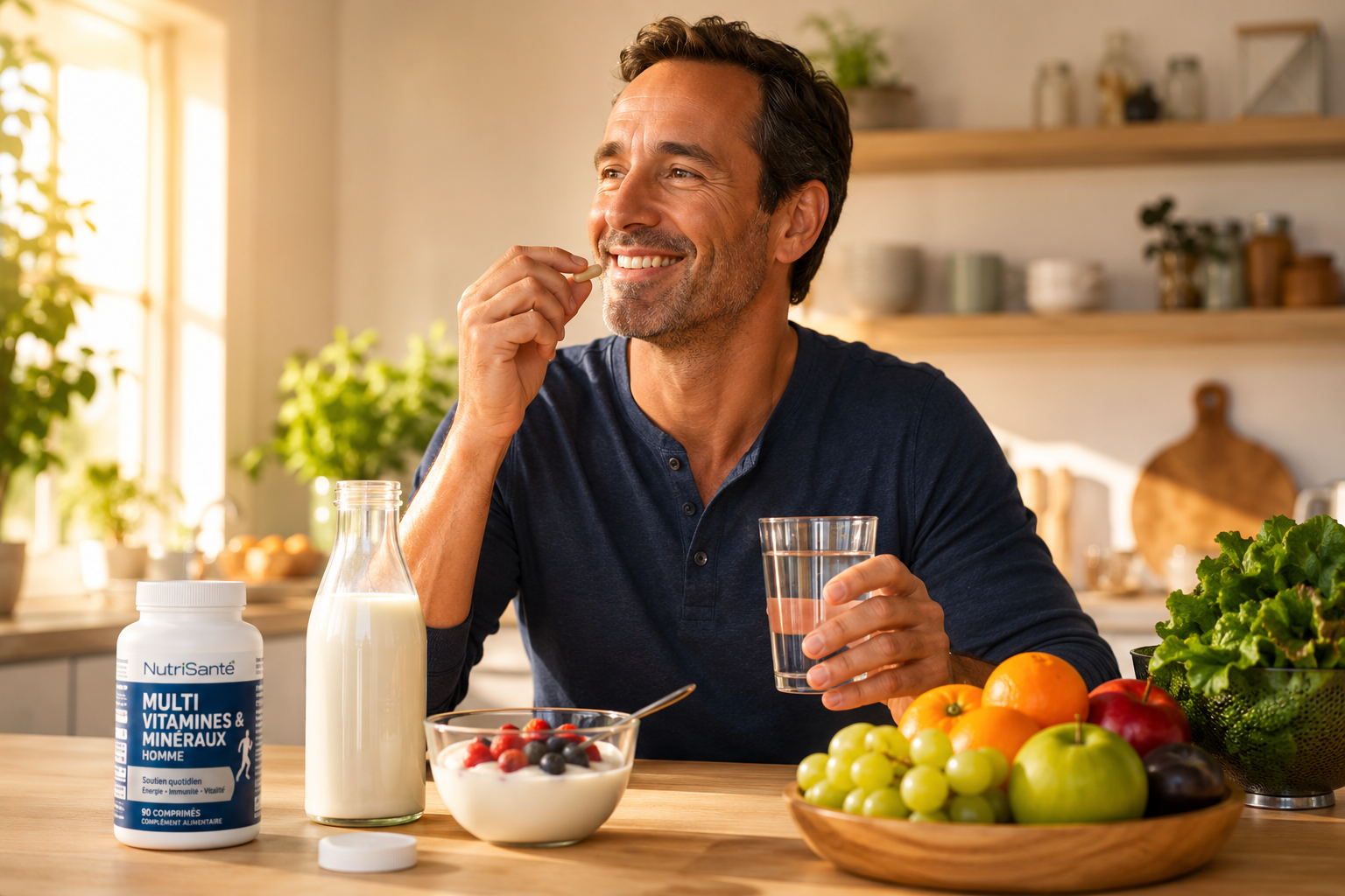 Image d'un adulte souriant, montrant des dents saines, en train de prendre un complément alimentaire dans une cuisine lumineuse.