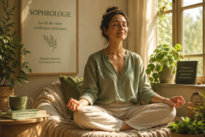 Une personne, sereine et confiante, assise dans un espace confortable, méditant près d'une fenêtre ensoleillée, entourée de plantes.
