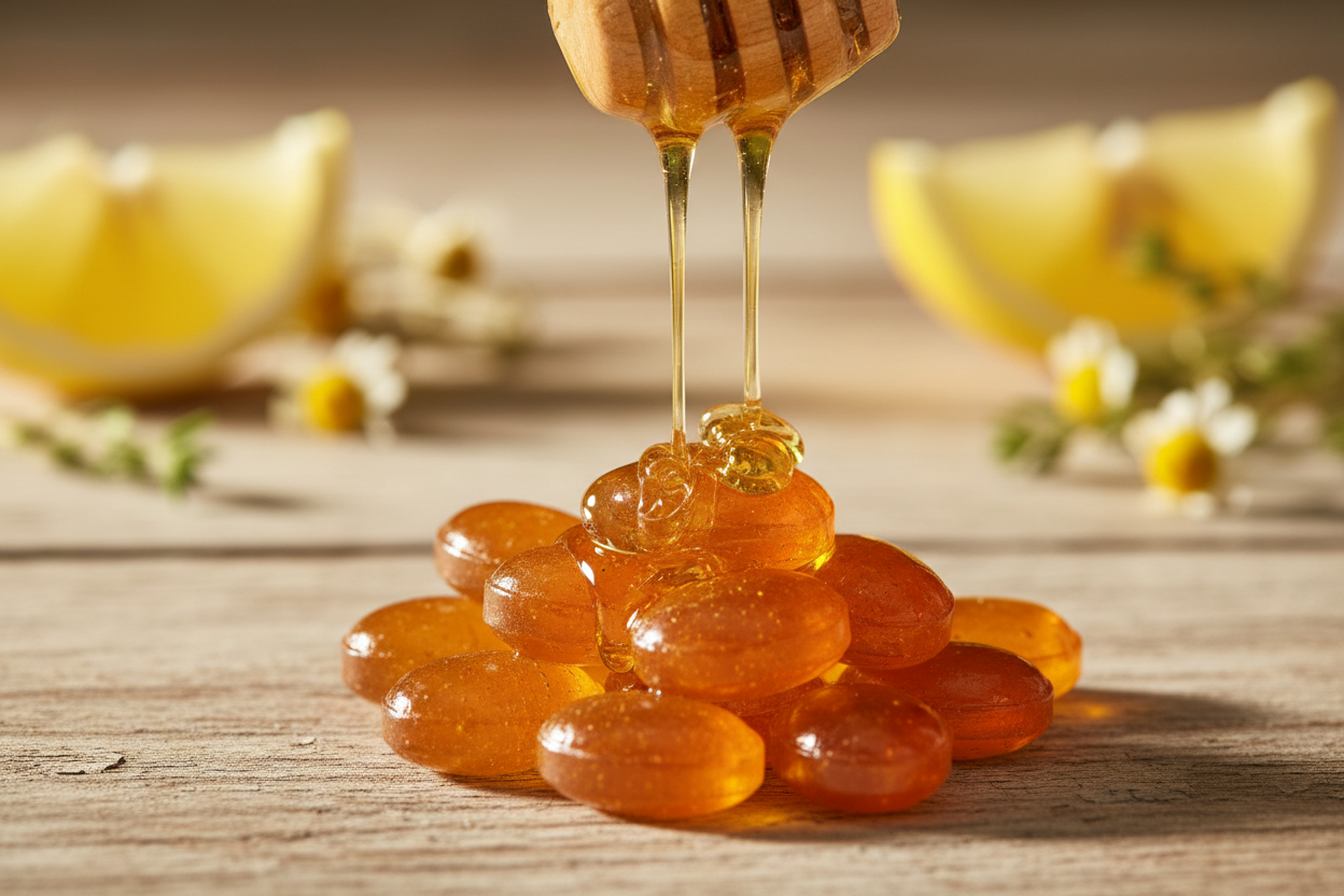 Bonbons au miel dorés avec du miel liquide qui coule d'un bâtonnet en bois sur une surface naturelle.