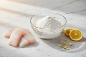 Poudre de collagène hydrolysé dans un bol en verre avec des capsules et des aliments sources naturelles de collagène.