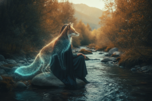 Portrait d'une personne en harmonie avec son essence animale intérieure dans la nature.
