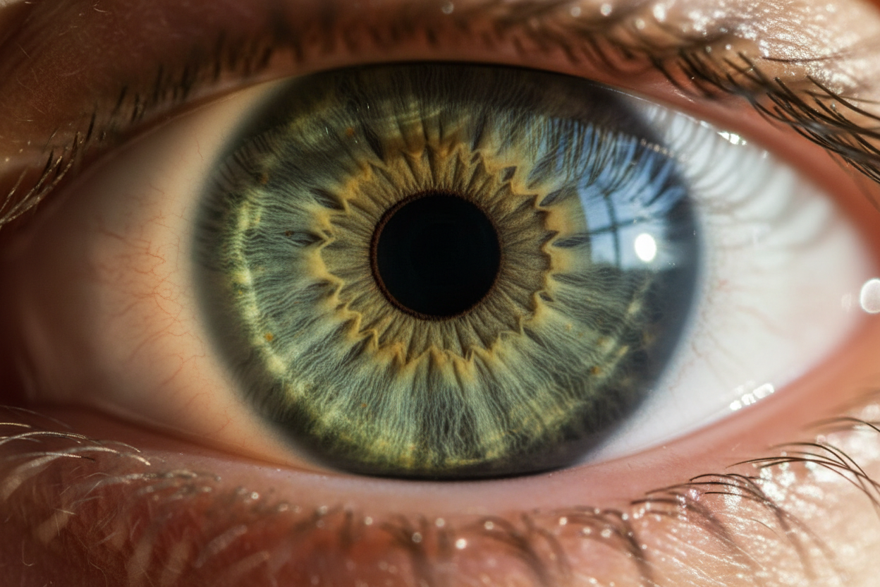 Gros plan macro sur un iris humain vert rare aux motifs complexes, révélant la beauté génétique de la pigmentation oculaire.