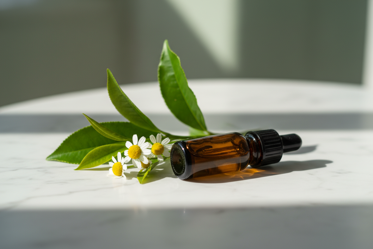 Flacon d'huile essentielle entouré de plantes naturelles pour soulager naturellement la gingivite et l'inflammation des gencives.