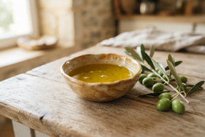 Un bol d'huile d'olive extra vierge dorée posé sur bois clair, entouré de branches d'olives fraîches.