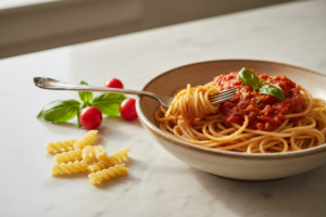 Assiette de pâtes al dente à la sauce tomate fraîche, illustration de l'impact glycémique selon la cuisson.
