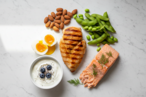 Sélection variée d'aliments riches en protéines disposés sur une surface blanche lumineuse et épurée.
