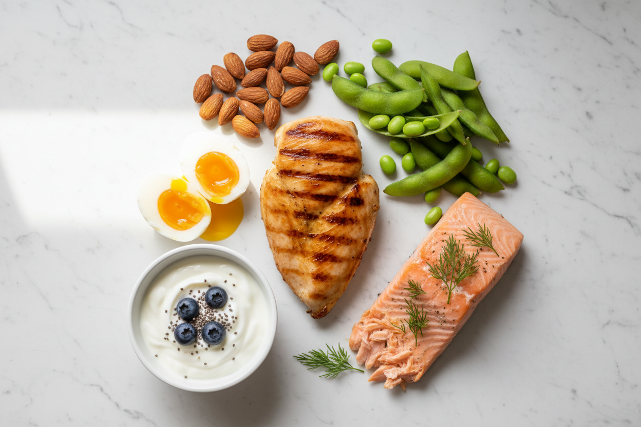 Sélection variée d'aliments riches en protéines disposés sur une surface blanche lumineuse et épurée.