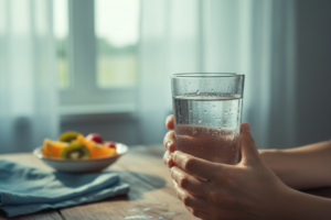 Mains tenant un verre d'eau fraîche avec des fruits et un linge humide posés sur une table en bois.