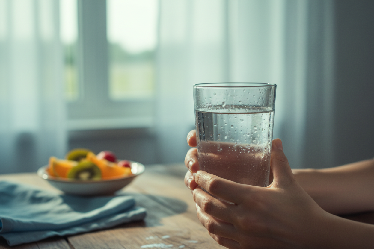 Mains tenant un verre d'eau fraîche avec des fruits et un linge humide posés sur une table en bois.