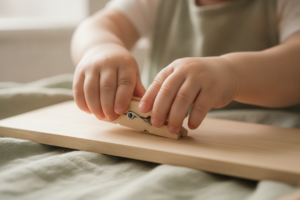 Jeune enfant pinçant une pince à linge en bois pour développer sa motricité fine et préparer sa main à l'écriture.