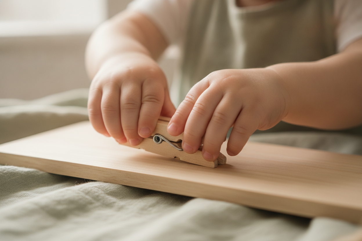 Jeune enfant pinçant une pince à linge en bois pour développer sa motricité fine et préparer sa main à l'écriture.