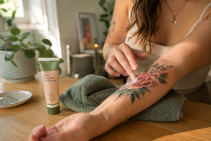 Une personne appliquant délicatement une crème sur un tatouage.