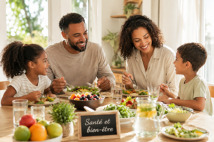 Une famille diverse profitant d'un repas sain et équilibré à une table lumineuse.