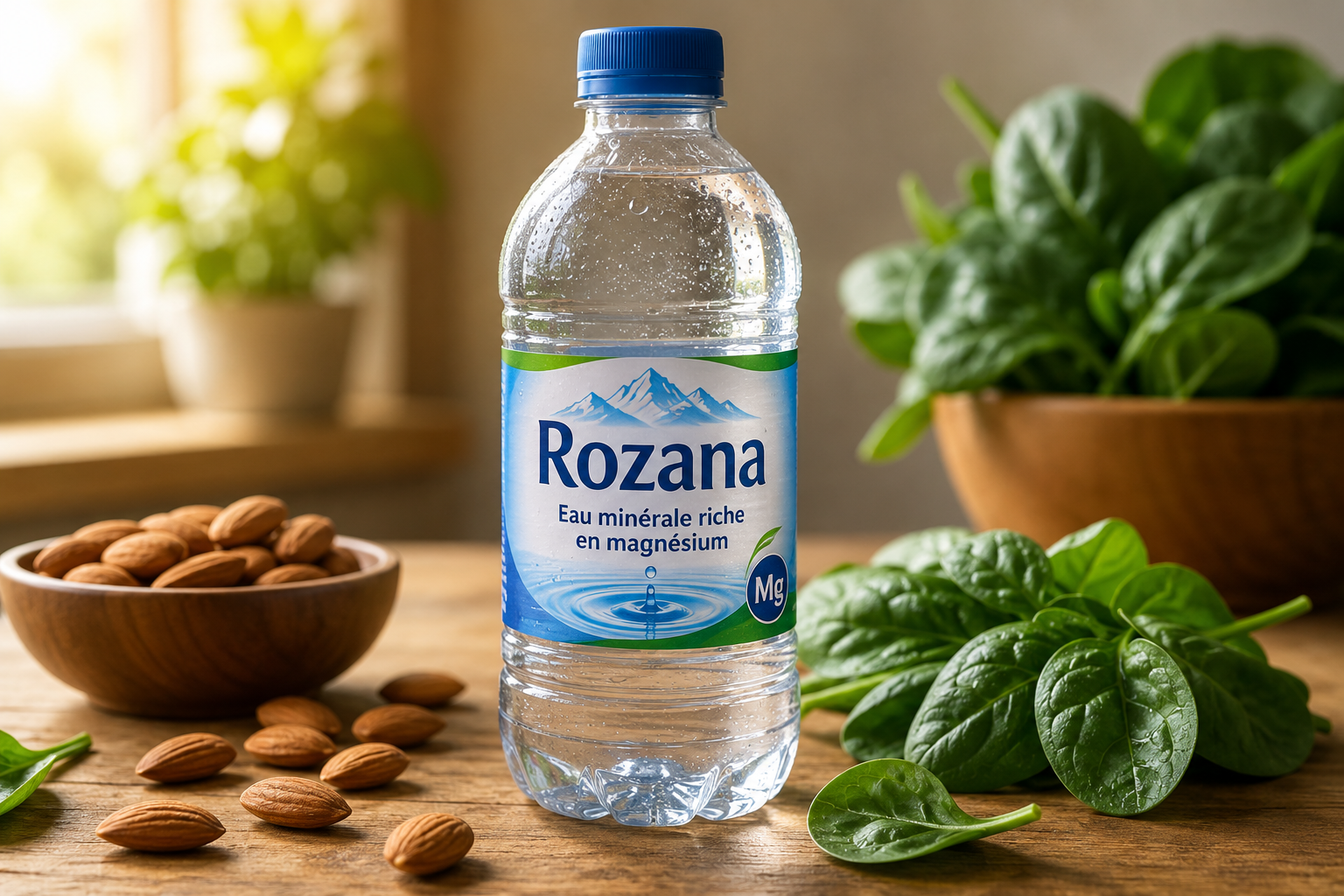 Une bouteille d'eau minérale Rozana sur une table avec des amandes et des épinards, symbolisant une alimentation riche en magnésium.