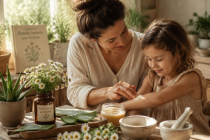 Une mère appliquant délicatement un remède naturel sur le bras de son enfant, avec des plantes médicinales en arrière-plan.