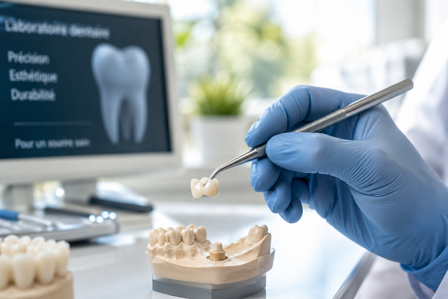 Image de la main d'un dentiste manipulant délicatement une couronne dentaire à l'aide d'un outil professionnel, dans un cabinet lumineux et rassurant.