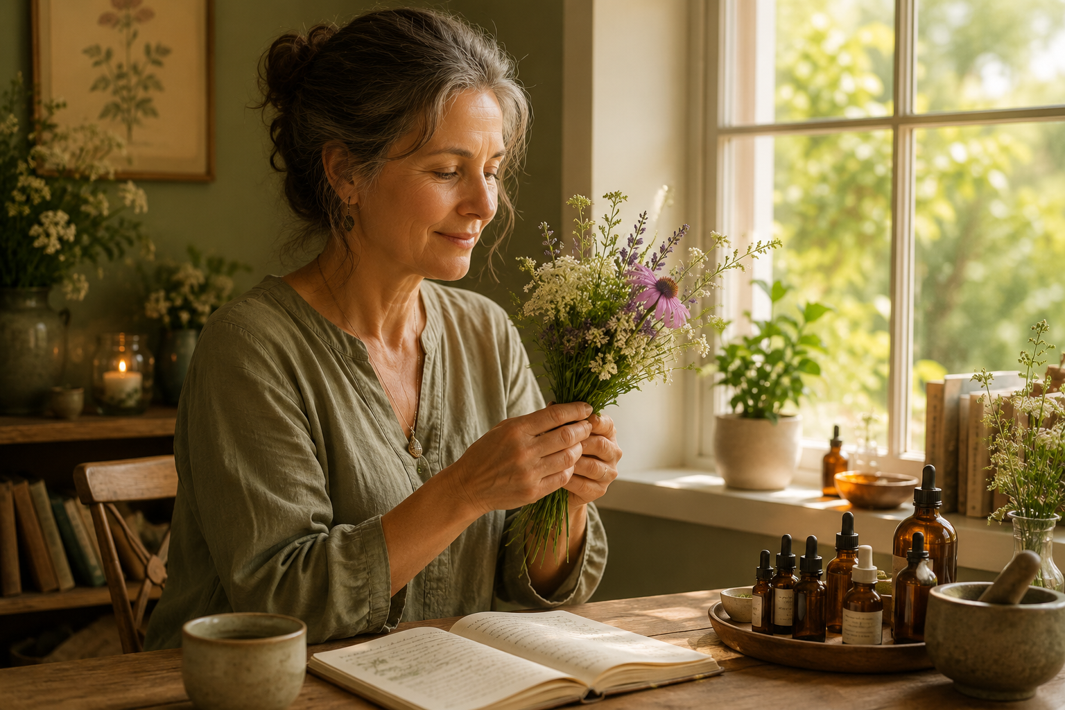 Une personne détendue en train d'observer un bouquet de fleurs, avec une table en bois et de la lumière naturelle douce.