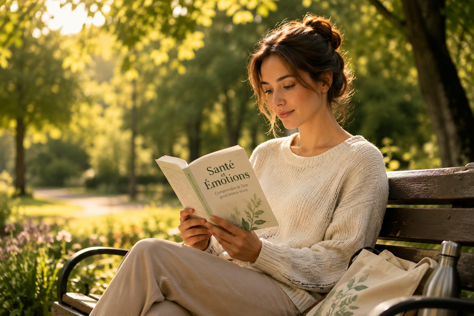 Une personne assise paisiblement dans un parc, lisant un livre sur la santé, entourée d'arbres et de lumière douce, symbolisant le bien-être et la sérénité.