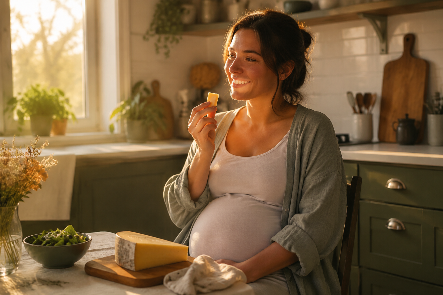 Une femme enceinte souriante, tranquillement assise à sa table de cuisine, savourant un fromage autorisé comme le comté.