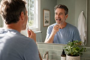 Une personne souriante utilisant un gratte-langue dans une salle de bain lumineuse, reflet dans le miroir.