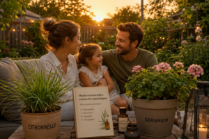 Une famille profitant d'un moment de détente en terrasse au coucher du soleil, entourée de plantes de citronnelle et de géranium.