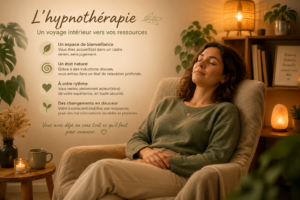 Une personne détendue, les yeux fermés, assise confortablement dans un cabinet chaleureux, entre confiance et apaisement.