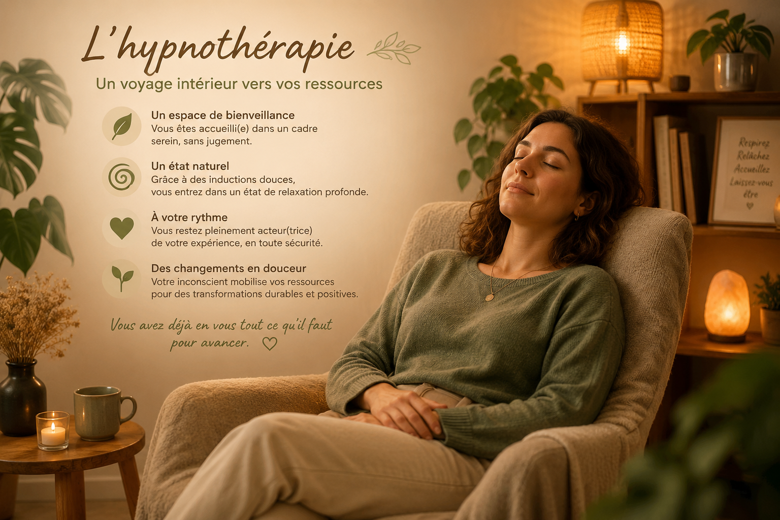 Une personne détendue, les yeux fermés, assise confortablement dans un cabinet chaleureux, entre confiance et apaisement.