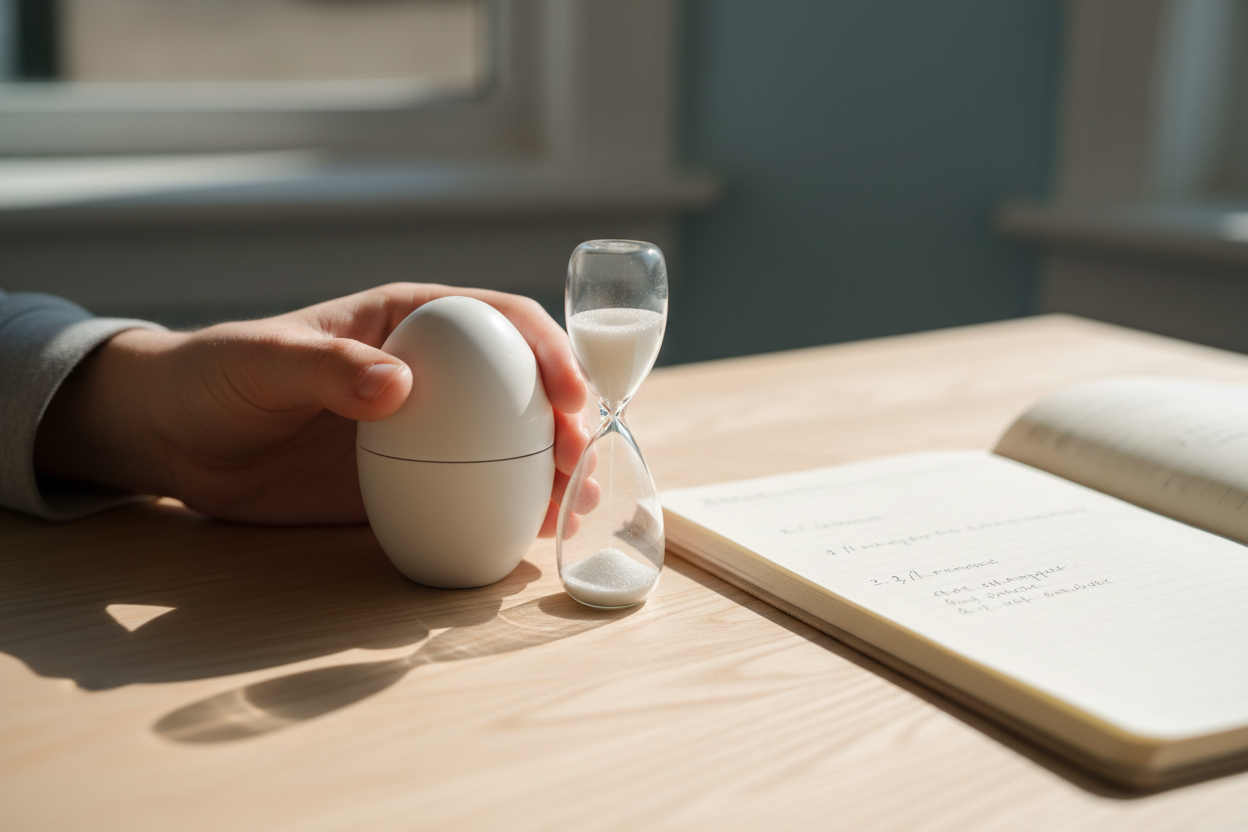 Un minuteur posé sur un bureau, symbolisant la pratique régulière et minutée des exercices visuels quotidiens.