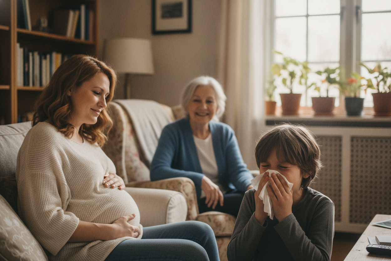 Enfant, femme enceinte et personne âgée réunis, représentant les profils les plus vulnérables aux allergies aux pollens.