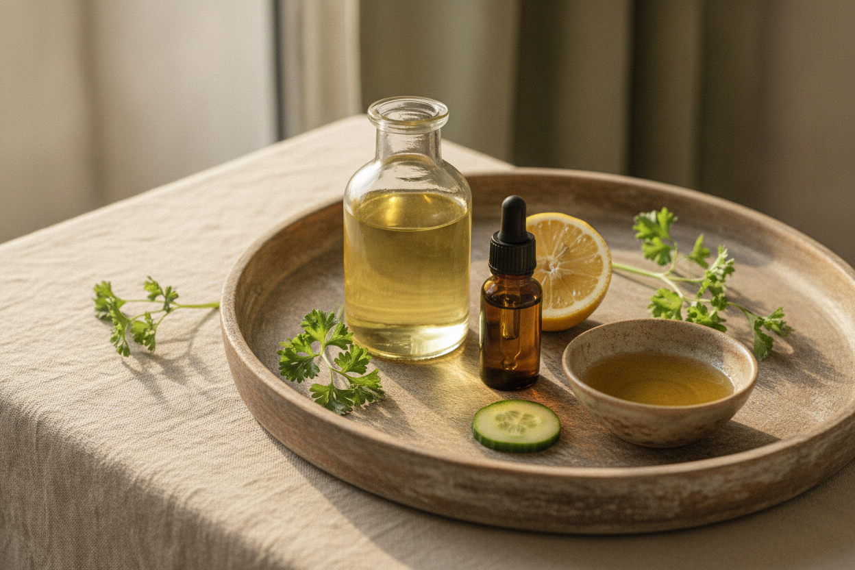 Huiles végétales, huile essentielle de genièvre et aliments drainants naturels disposés sur un plateau en bois.