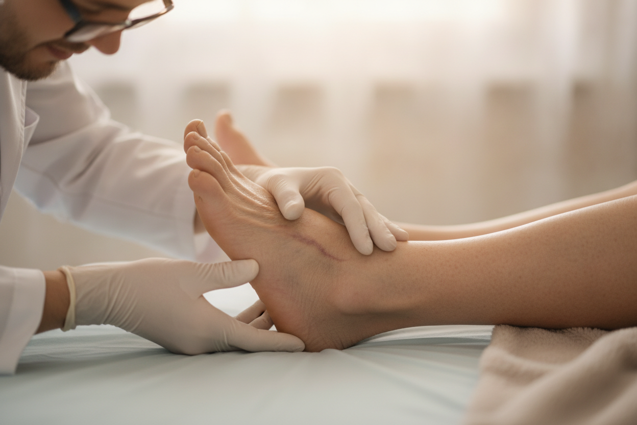 Un professionnel de santé examine un pied présentant des varices avant un soin de balnéothérapie.