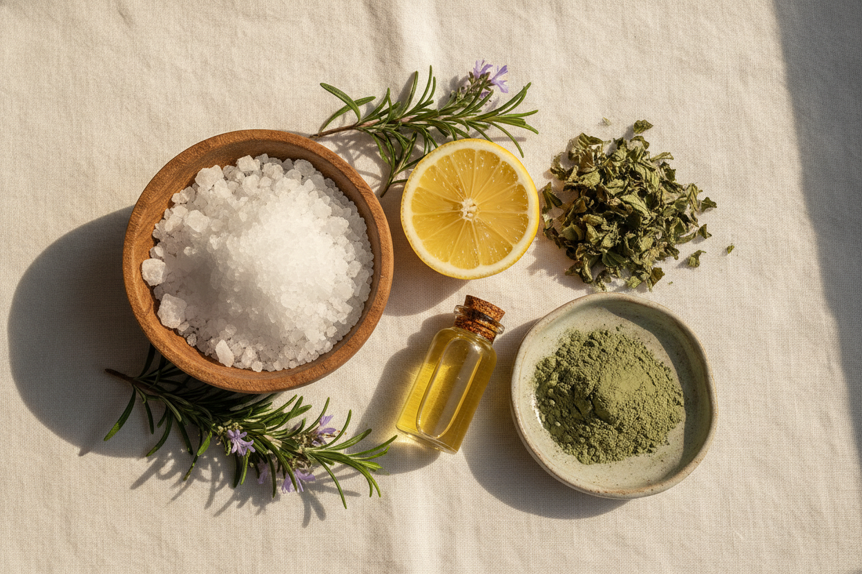 Ingrédients naturels pour bain de pieds circulatoire : sel marin, romarin frais, argile verte et huile essentielle de menthe.