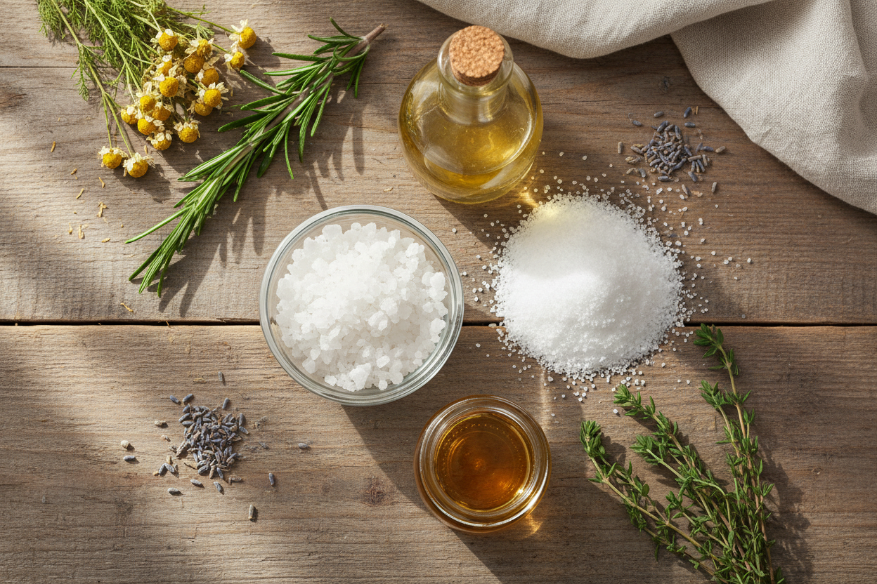 Ingrédients naturels pour bain de pieds : sel marin, sel d'Epsom, huile végétale, vinaigre de cidre et plantes aromatiques.