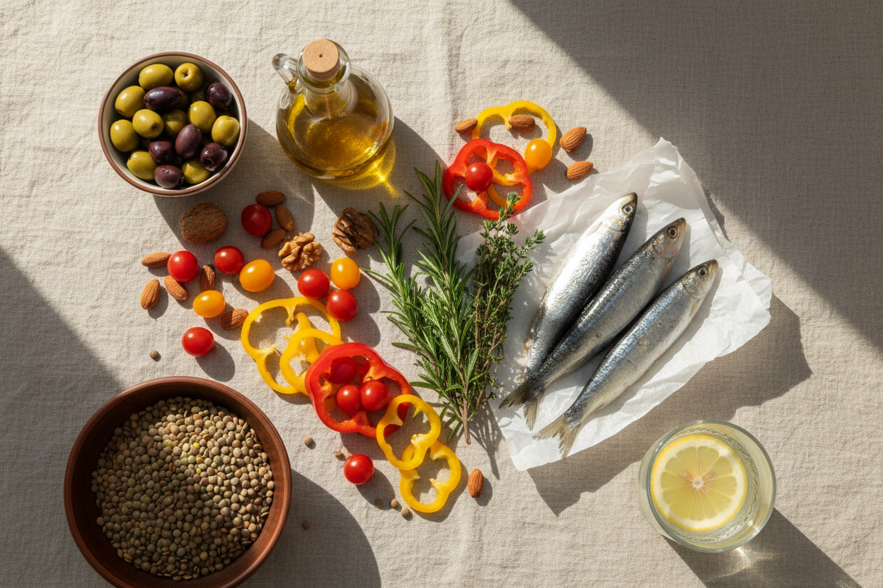 Aliments du régime méditerranéen disposés sur une table : huile d'olive, noix, légumes colorés et verre d'eau.