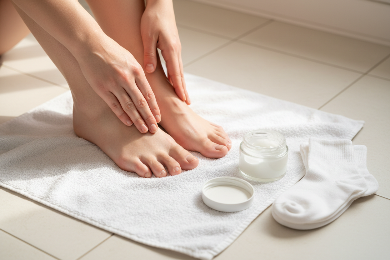 Soin des pieds après un bain : application de crème hydratante sur les talons avec des chaussettes en coton à côté.