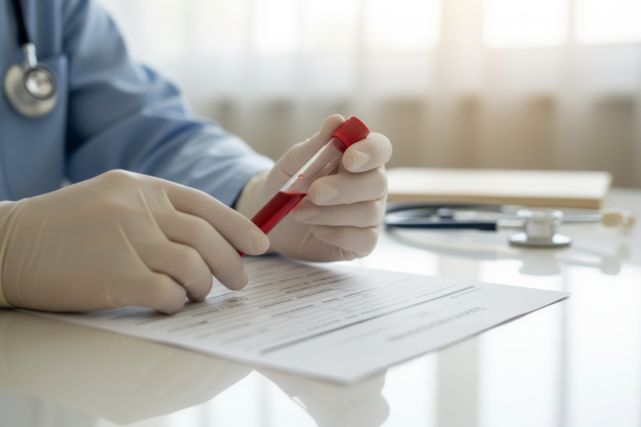 Médecin tenant un tube de prise de sang pour un bilan hépatique lors d'un examen médical de jaunisse.