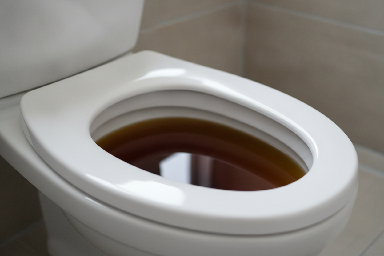 Urine foncée couleur ambrée dans des toilettes, signe associé à un ictère hépatobiliaire.