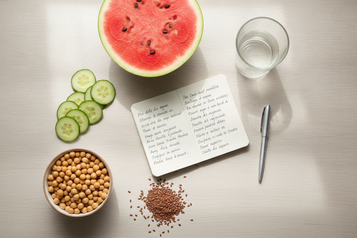 Journal de bord ouvert entouré d'aliments frais comme concombre, pastèque et pois chiches pour gérer les bouffées de chaleur.