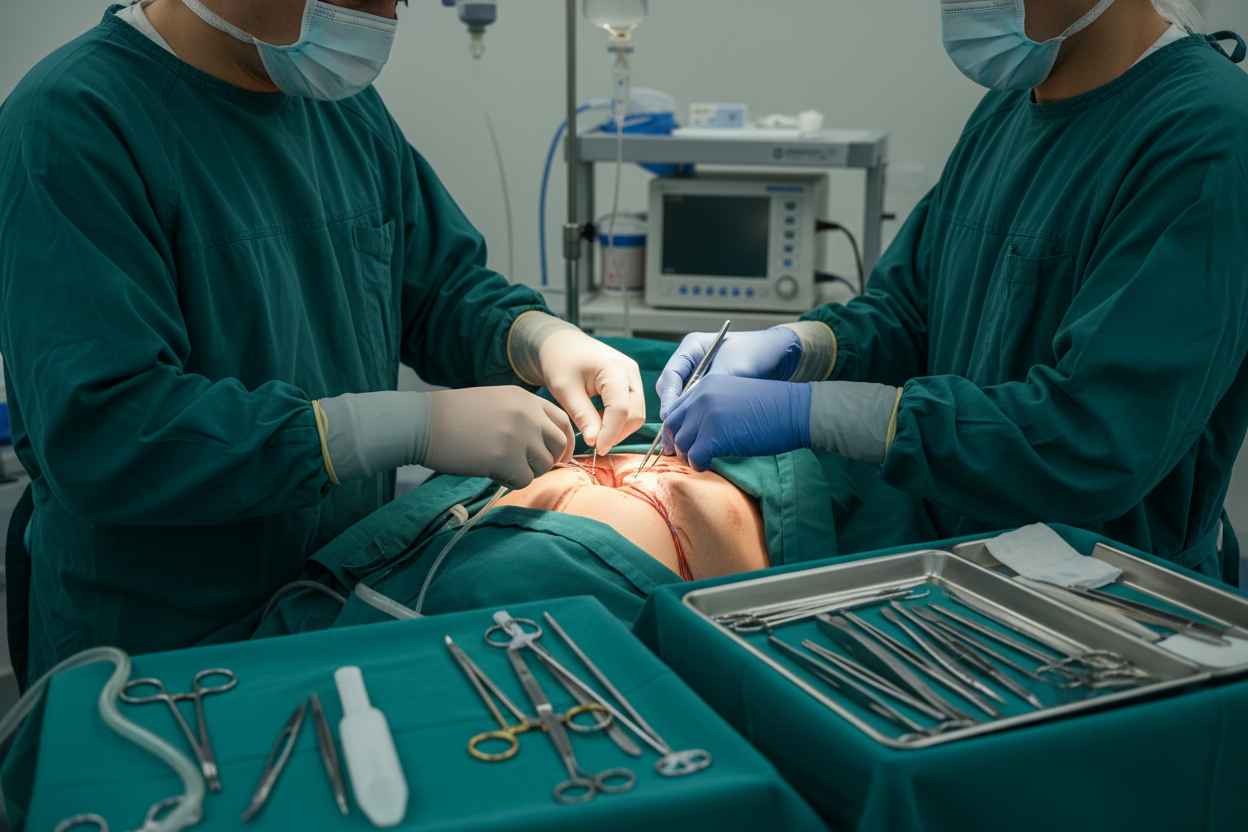 Équipe chirurgicale réalisant un pontage coronarien en salle d'opération sous éclairage chirurgical doux.