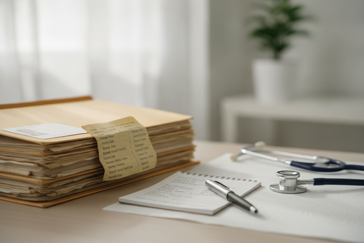 Deux dossiers patients côte à côte sur un bureau médical, illustrant des profils différents influençant l'élimination de l'anesthésie.
