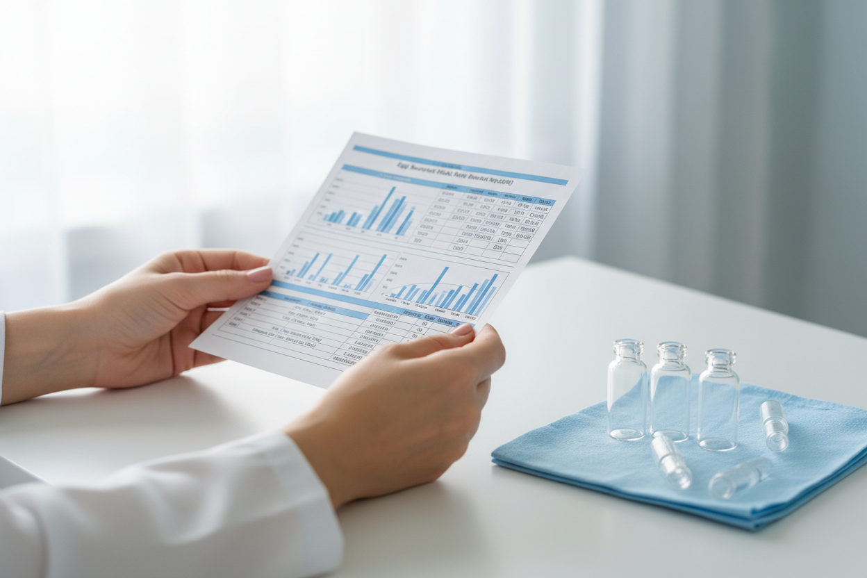Mains d'une spécialiste tenant une fiche médicale avec des vials de laboratoire sur un bureau clinique épuré.